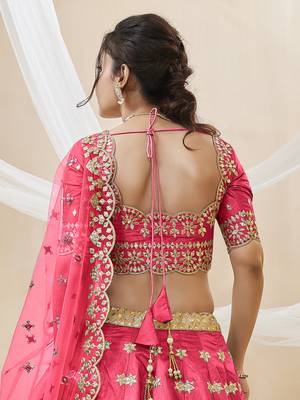 pink embroidered work art silk lehenga set choli with dupatta 5