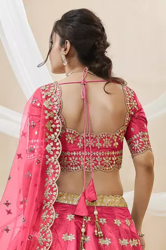 pink embroidered work art silk lehenga set choli with dupatta