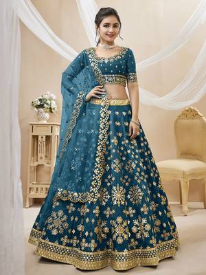 Dazzling Blue Embroidered Work Art Silk Bridesmaid Lehenga Choli 1