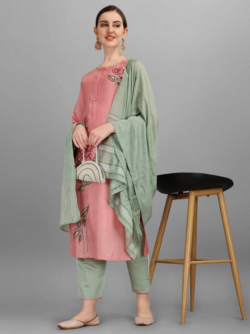 Berrylicious Designer Women's Embroidered Kurta with Pant and Dupatta Set