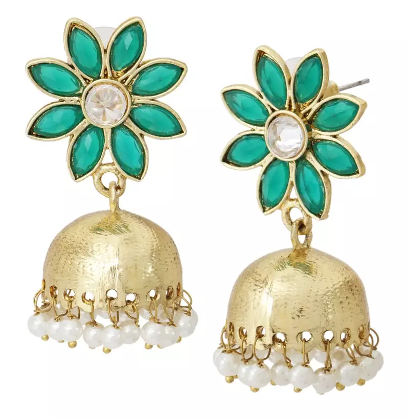 green floral 22k gold plated jhumki earring for women