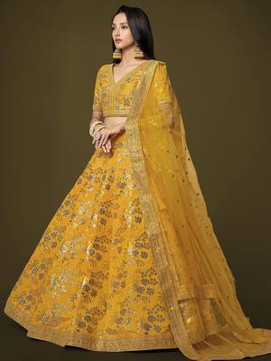 Attractive Yellow Sequins Slub Silk Wedding Lehenga Choli with Dupatta 2