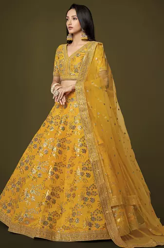 Attractive Yellow Sequins Slub Silk Wedding Lehenga Choli with Dupatta