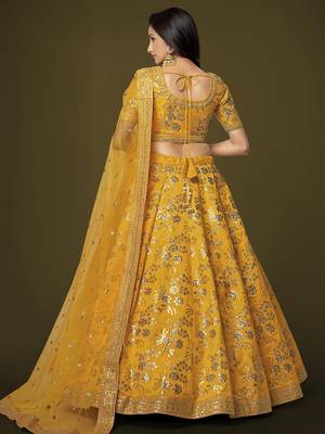 Attractive Yellow Sequins Slub Silk Wedding Lehenga Choli with Dupatta 3