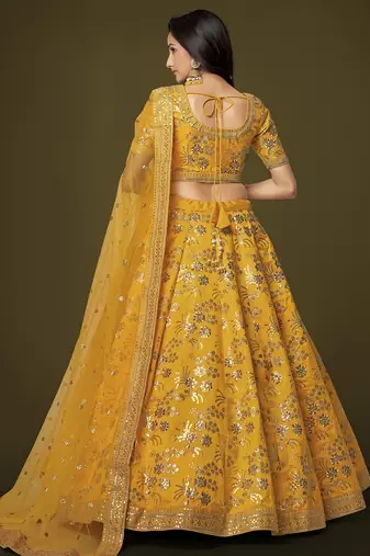 Attractive Yellow Sequins Slub Silk Wedding Lehenga Choli with Dupatta