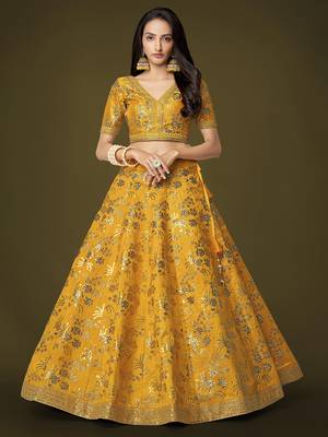 Attractive Yellow Sequins Slub Silk Wedding Lehenga Choli with Dupatta 4