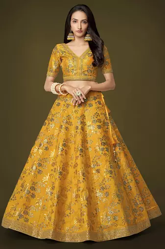 Attractive Yellow Sequins Slub Silk Wedding Lehenga Choli with Dupatta