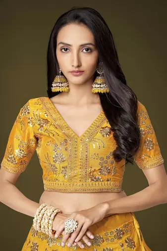 Attractive Yellow Sequins Slub Silk Wedding Lehenga Choli with Dupatta