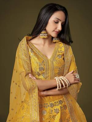 Attractive Yellow Sequins Slub Silk Wedding Lehenga Choli with Dupatta 7