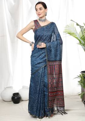 BLUE LINEN  COTTAN  PRETTY SAREE 3