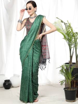 DARK GREEN LINEN  COTTAN  PRETTY SAREE 1