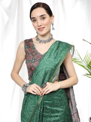 DARK GREEN LINEN  COTTAN  PRETTY SAREE 3