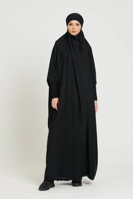 One Piece Full Length Jilbab Khimar Style with Chunnat Slevees /Dolman Sleeves Black Color 1