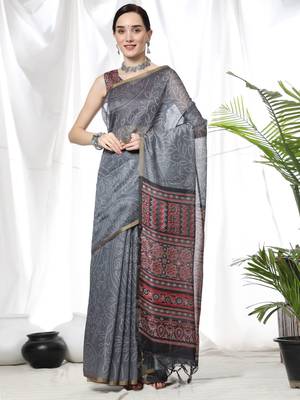 GREY LINEN  COTTAN  PRETTY SAREE 1