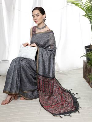 GREY LINEN  COTTAN  PRETTY SAREE 3