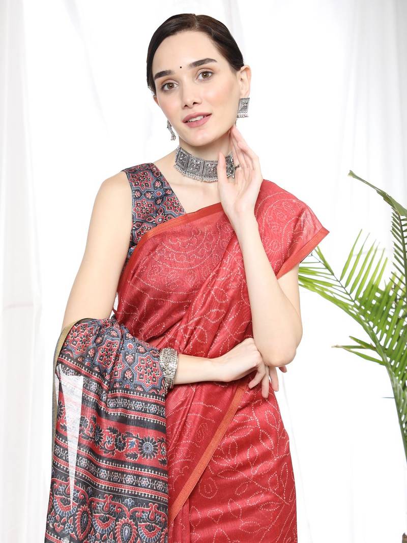 RED LINEN  COTTAN  PRETTY SAREE