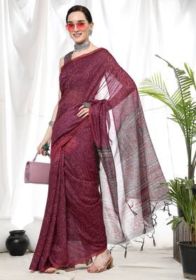 WINE LINEN  COTTAN  PRETTY SAREE 1