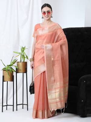 ORANGE TISSUE LINNEN PRETTY SAREE 1