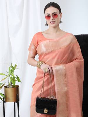 ORANGE TISSUE LINNEN PRETTY SAREE 2