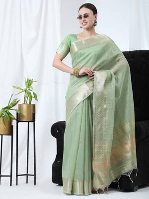 SEA GREEN TISSUE LINNEN PRETTY SAREE 1