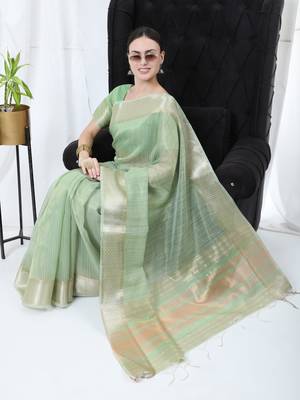 SEA GREEN TISSUE LINNEN PRETTY SAREE 3