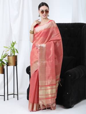 RED TISSUE LINNEN PRETTY SAREE 1