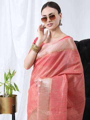 RED TISSUE LINNEN PRETTY SAREE 2