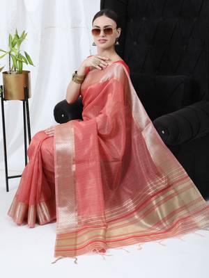 RED TISSUE LINNEN PRETTY SAREE 3