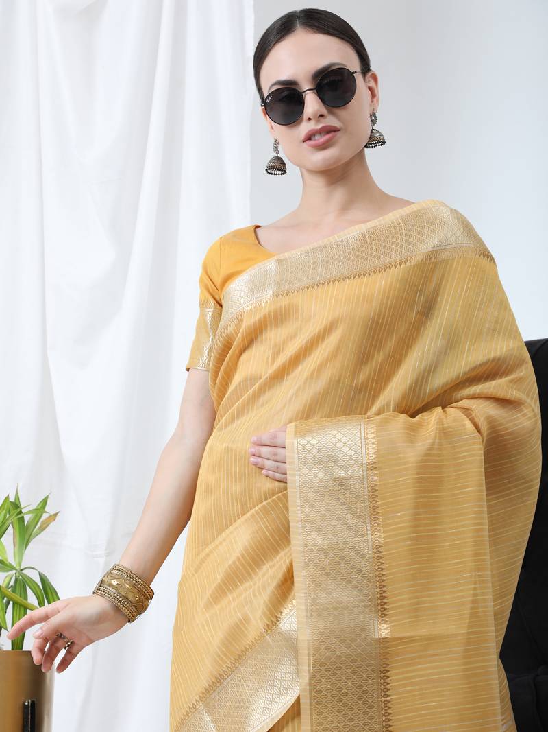 YELLOW TISSUE LINNEN PRETTY SAREE