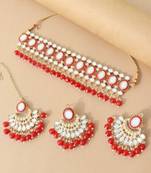 Gold plated traditional kundan & pearl choker necklace chandbali earring & maang tikka ethnic jewellery set
