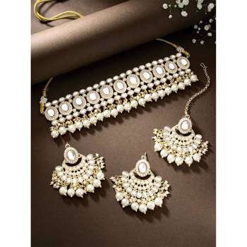 Gold plated traditional kundan choker necklace chandbali earring & maang tikka ethnic jewellery set gift 1