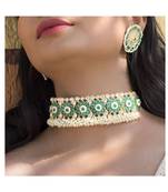 Gold plated traditional green kundan & pearl studded choker necklace jewellery set for women girls