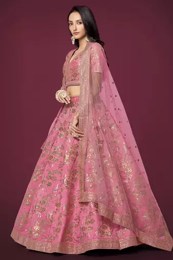 pink sequins slub silk wedding lehenga set choli with dupatta with dupatta