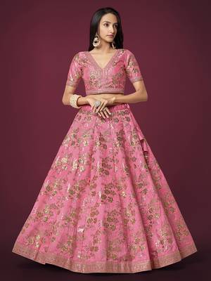 pink sequins slub silk wedding lehenga set choli with dupatta with dupatta 4