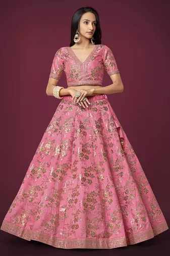 pink sequins slub silk wedding lehenga set choli with dupatta with dupatta
