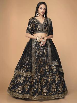 Attractive Black Sequins Slub Silk Wedding Lehenga Choli with Dupatta 1