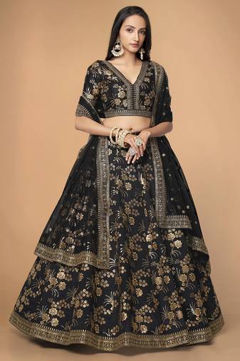 Attractive Black Sequins Slub Silk Wedding Lehenga Choli with Dupatta