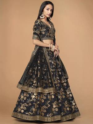 Attractive Black Sequins Slub Silk Wedding Lehenga Choli with Dupatta 2