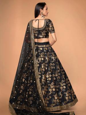 Attractive Black Sequins Slub Silk Wedding Lehenga Choli with Dupatta 3