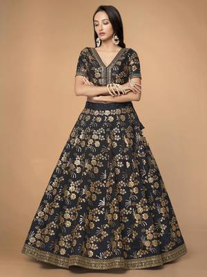 Attractive Black Sequins Slub Silk Wedding Lehenga Choli with Dupatta 4