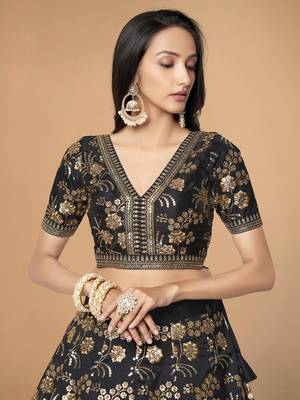 Attractive Black Sequins Slub Silk Wedding Lehenga Choli with Dupatta 7