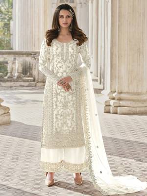 Off White Embridered Net  Straight Suit Free size full stitched Up To 42" Size 1