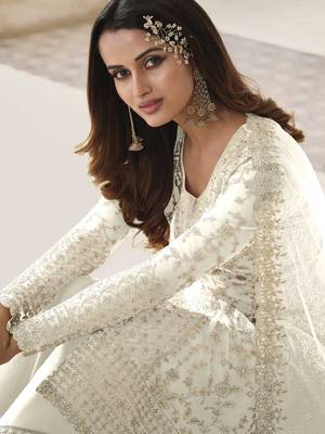 Off White Embridered Net  Straight Suit Free size full stitched Up To 42" Size 2