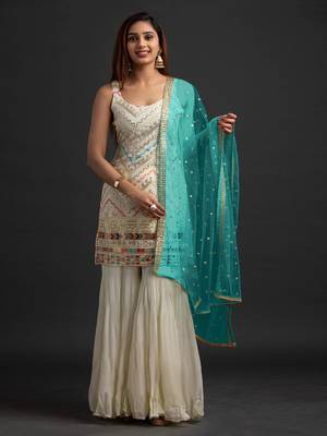 Off White Embroidered  Georgette  Straight Suit Free size full stitched Up To 42" Size 1