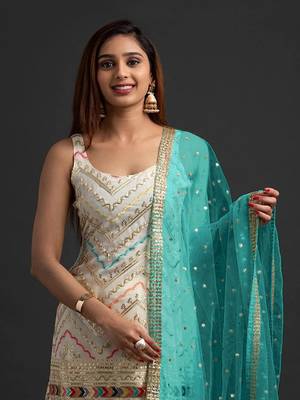 Off White Embroidered  Georgette  Straight Suit Free size full stitched Up To 42" Size 2