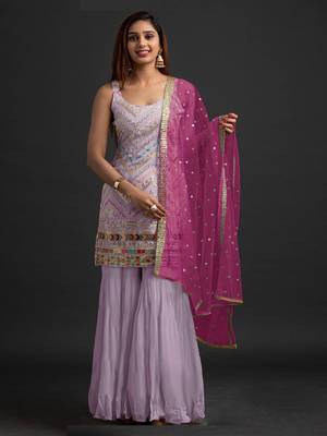 Lavender Embroidered  Georgette  Straight Suit Free size full stitched Up To 42" Size 1