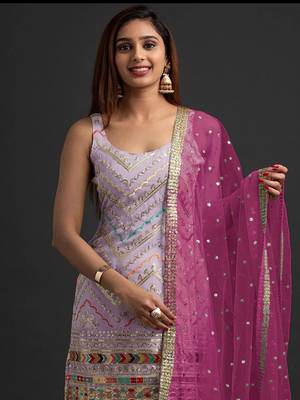 Lavender Embroidered  Georgette  Straight Suit Free size full stitched Up To 42" Size 2
