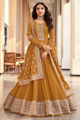 Mustard Embroidered Georgette Semi-Stitched Anarkali Suit Up To 42" Size