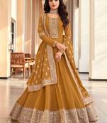 Mustard Embroidered Georgette Semi-Stitched Anarkali Suit Up To 42" Size