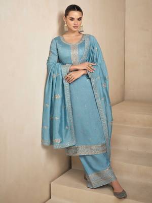 Blue Art Silk Embroidered Eid Party Salwar Suit - Semi Stitched 1